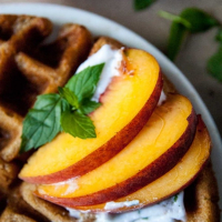 Vegan + Gluten Free Peach Waffles with Mint Coconut Whipped Cream