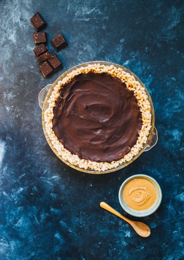 Peanut Butter Chocolate Pie with Rice Krispies Crust - A sweet and crunchy twist on a classic peanut butter chocolate combo!