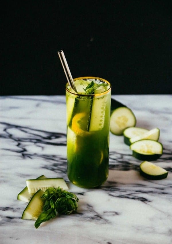 Cucumber Basil Lemonade- A refreshing and hydrating summer sipper! Full of cucumbers, lemons and herbaceous basil, a perfect drink from the Kale and Caramel cookbook.