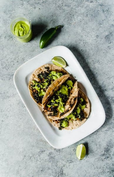Black Eyed Pea and Kale Tacos with Avocado Jalapeno Sauce